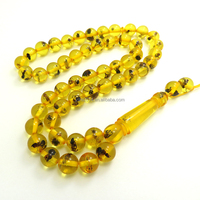 Chapelet musulman en résine de haute qualité, 10 mm, 51 perles, couleur jaune, 33 pièces, Kehribar Tesbih, avec fourmis à l'intérieur