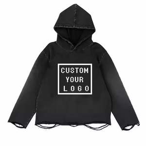 Sudaderas con capucha rotas vintage con estampado de pantalla de logotipo personalizado, sudadera recortada suelta lavada con ácido desgastado, ropa de calle para hombre, sudaderas con dobladillo crudo en blanco - Product Image 2