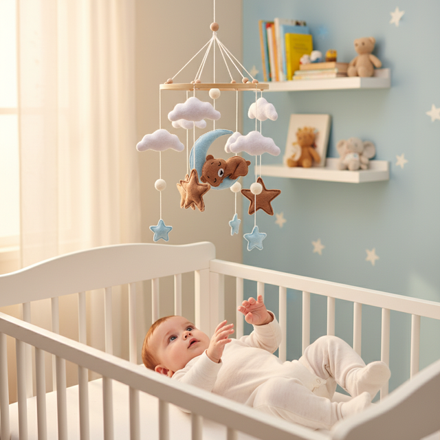 Felt Sleeping Bear Baby Crib Mobile, Moon & Stars Cloud Themed Nursery Hanging Mobile, Soft Felt Sensory Toy for Newborns