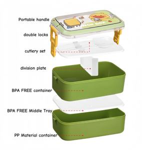 Fiambrera Escolar de Dos Capas de Plástico con Juegos de Cubiertos para Niños, Fiambrera de Dibujos Animados OEM, 2L, 2000ml, Venta Al por Mayor de Fábrica - Product Image 4