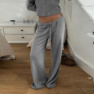 Pantalon en maille côtelée taille haute à jambe large pour femme, avec cordon de serrage, décontracté et ample, pour automne-hiver, blanc et gris, long et fluide - Product Image 5