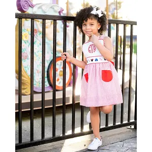 Baby girls dress cross adjustable straps monogram embroidery 100% cotton Magical Mouse Red Seersucker Sun Kids Dress