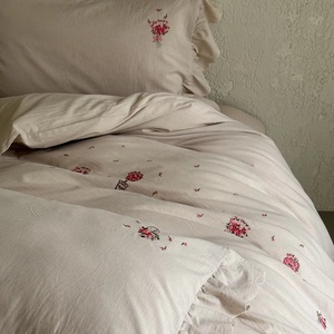 Bộ chăn ga gối đệm hữu cơ thiết kế mới bằng vải lanh cotton thêu hoa, vỏ chăn trơn, ga trải giường phẳng dùng cho gia đình - Product Image 2