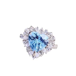Anillo de compromiso de Aguamarina de oro amarillo de 18 quilates, 6-9mm, ajuste de halo de diamante de piedra preciosa azul brillante con joyería de platino de lujo - Product Image 1