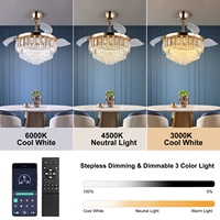 Plafonnier LED avec ventilateur, design en fer et cristaux, 42 pouces, 3 pales rétractables, dimmable avec télécommande, pour chambres modernes