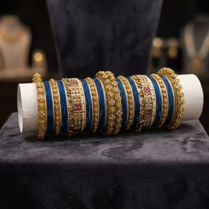 Indian Traditional Royal Blue Silk Thread Velvet Bangle Set Gold Plated Antique Kundan Bridal Chooda Bangle Set for Women - Product Image 3