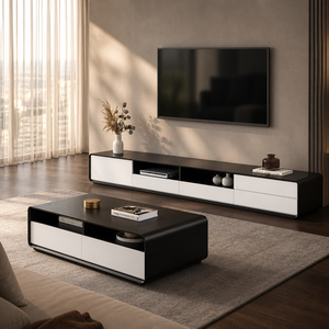 Meuble TV mural en noyer, meuble TV en bois avec tiroirs <span class=keywords><strong>de</strong></span> rangement et étagère, table basse - Product Image 3
