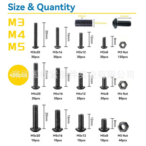Black Round Head Hex <b>Socket</b> Screws Set 480pcs M3 M4 M5 Nuts Washers For Diy Assembly Fixing - Product Image 1