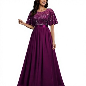 Vestido de noche morado de lentejuelas y encaje para mujer, con mangas con volantes, cintura imperio, de gasa fluida, corte A, largo hasta el suelo, para la madre de la novia o fiesta de graduación. - Product Image 3