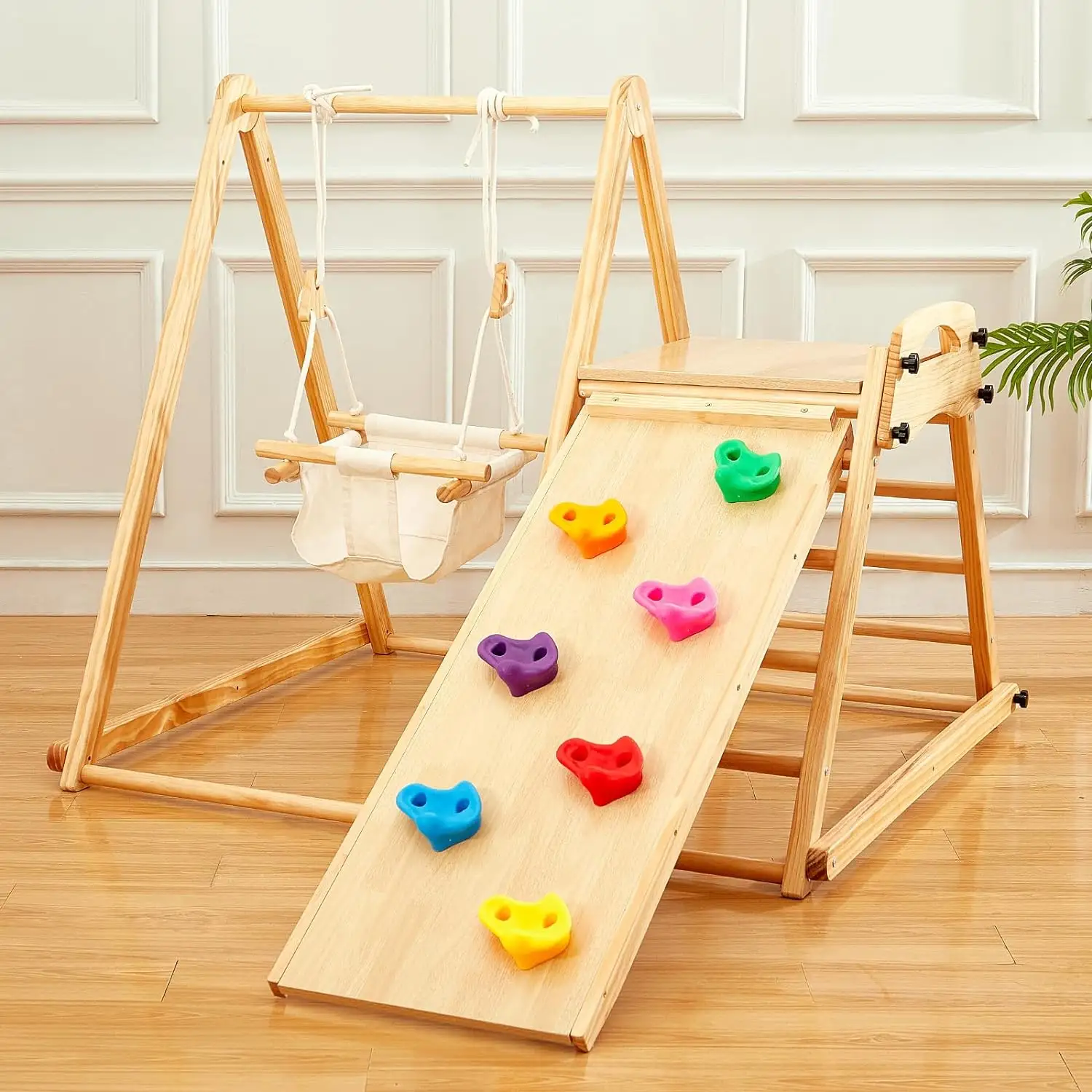 Set di altalena e scivolo per bambini in legno 4-in-1 pieghevole Montessori palestra parco giochi al coperto con scaletta a scaletta per arrampicata su roccia
