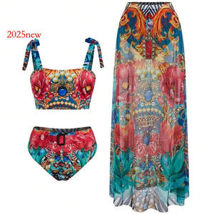 2025 chaud 2024 hawaïen imprimé vacances Style dos nu sangle Protection solaire minceur Sexy mode trois pièces maillot de bain pour les femmes - Product Image 5