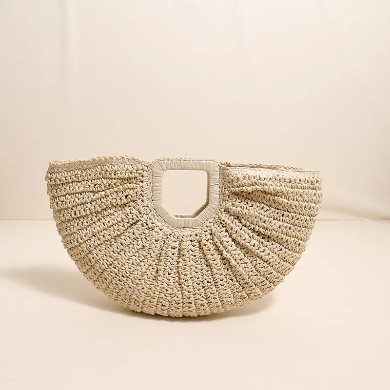 Simple solid color hand woven straw bag new moon hand woven straw bag holiday women beach straw basket
