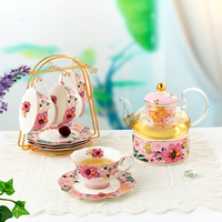 Set Teh Keramik Bone China Desain Elegan Gaya Baru Mewah dengan Cangkir Kopi dan Tatakan, Teko, dan 2 Tingkat Tempat Kue untuk Hadiah
