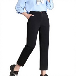 <b>Women's</b> High Waist Straight Leg Ankle-Length Pants Solid Color Crepe Fabric Breathable Anti-Wrinkle Casual Style Pockets - Product Image 1