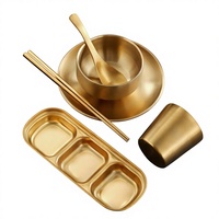 Ensemble de vaisselle en acier inoxydable 304 de style coréen, comprenant un bol, une fourchette, des baguettes et une cuillère, couleur unie, pour usage commercial en restaurant de barbecue