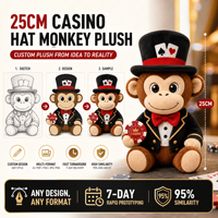 Jouet en peluche singe chapeau haut de forme de casino personnalisé, commande en gros, peluche douce, animal en peluche, OEM ODM, cadeau promotionnel de Noël