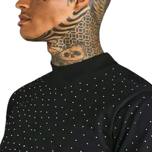 OEM personalizado cuello simulado con cuentas de diseñador al por mayor de gran tamaño Drop Shoulder Streetwear peso pesado algodón Rhinestone camiseta para hombres