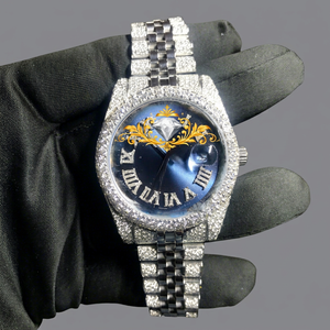 Montre de luxe en diamant Moissanite pour femmes, analogique, à quartz, en acier inoxydable, boîtier rond de 40mm, cristal saphir, bracelet à chiffres romains - Product Image 1