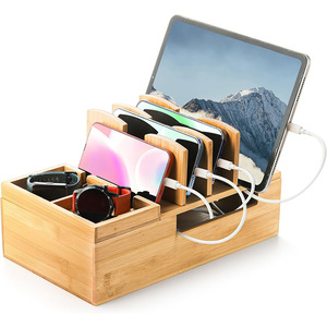 Bamboo Charging <b>Stand</b> Storage Rack 5 Tier Desktop Organizer <b>For</b> Phones <b>Tablets</b> Watches Natural Wood Color - Product Image 3