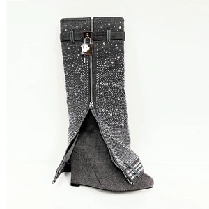 Bottes de mode 2025 pour femmes, style cowboy, bleues, à talon compensé, ornées de strass, avec boucle métallique, pointures 34-43 - Product Image 4