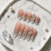 Faux ongles de luxe faits main, grands, avec breloques en zircone irisée, nœuds 3D, paillettes argentées et motif ondulé ovale, à coller sur les doigts