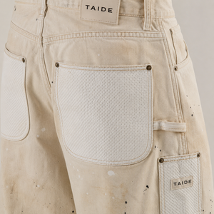 Pantaloni da carpentiere larghi TaiDe certificati GRS, colore <span class=keywords><strong>ecru</strong></span>, con schizzi di vernice, inserti in rete, chiusura a bottoni, logo personalizzato, OEM ODM, all'ingrosso, da uomo - Product Image 2