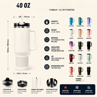 Gobelet isotherme en acier inoxydable de 40 oz à motif floral avec poignée et paille, garde au chaud et au froid pendant 6 à 12 heures