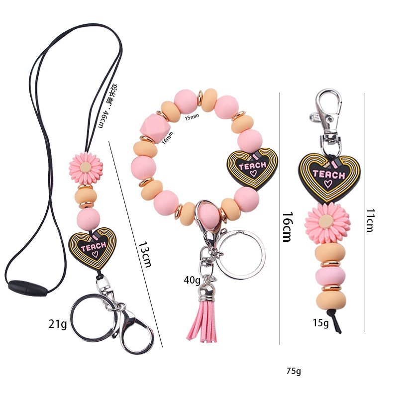 Bohemian Daisy Bead Keychain Badge Holder Cute Flower Silicone Key Ring Lanyard With Clip for Teachers Students Gift Idea Image 3