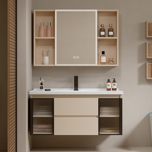Modern wood design bathroom Vanity set withSmart LED <b>Mirror</b> Lacquer Finish Plywood Melamine Board Waterproof Hotel Use - Product Image 4
