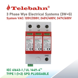 Telebahn 208V/480V 3P AC <span class=keywords><strong>DPS</strong></span> 20-50kA SCCR 200kA 3W+G Soppressore di Sovratensione TVSS su Guida DIN per Sistema Trifase a Y - Product Image 3