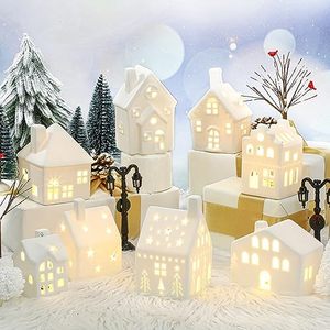 Figurines de maison de Noël en céramique blanche de 13 cm et 14 cm, décorations de Noël, maison de Noël éclairée par LED - Product Image 1