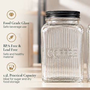 Set di Barattoli <span class=keywords><strong>in</strong></span> <span class=keywords><strong>Vetro</strong></span> Scanalato Quadrati da 1300ml <span class=keywords><strong>con</strong></span> <span class=keywords><strong>Coperchio</strong></span> <span class=keywords><strong>in</strong></span> Metallo Nero + Contenitore per Caffè e Zucchero <span class=keywords><strong>con</strong></span> Rilievo per Dispensa OEM - Product Image 3