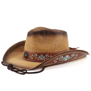 Classic Straw Western Outdoor Embroidered Curved Brown Cowgirl Hats For Women Music Festival Party Beach