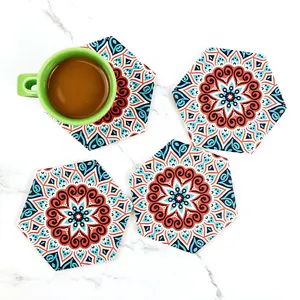 Tùy Chỉnh OEM Hexagon Mandala In Ấn Tile Ceramic Tea Coffee Beer Cup Đế Lót Ly Cup Mats & Pads Placemats Đối Với Đồ Uống