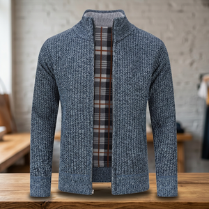 Cardigan en laine acrylique pour homme, col mandarin, fermeture éclair, doublure à carreaux, manches longues, pull chaud en tricot pour l'automne - Product Image 3