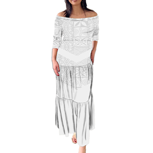 White Sunday One Shoulder Tiered Dress Ladies Anti-rughe 2/3 Sleeve Tapa Design polinesiano eleganti abiti da sera a coda di pesce - Product Image 2