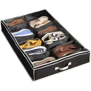 Organizador de armazenamento de sapatos para baixo da cama, conjunto de 2 recipientes grandes, cada um com 12 pares de sapatos, caixa resistente com zíper forte e alças
