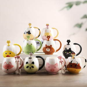 Cute Cartoon Animal Ceramic Mugs with Spoon Back School Gift for Women Children <b>Reusable</b> Coffee Water <b>Cups</b> for Home Office Use - Product Image 1
