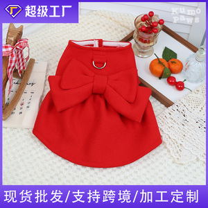 Pet Princess Dress <b>Red</b> <b>Bow</b> Winter Cute Dog Cat Clothes Solid Polyester Cotton Skirt SS26012 - Product Image 5