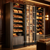 Étagère à cigares en métal noir et bois avec panneau arrière en marbre, vitrine à tabac éclairée.