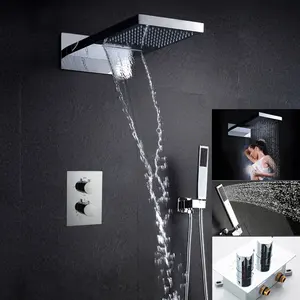 Siyah termostatik duş musluklar seti yağmur şelale duş başlığı ile 3-Way termostatik musluk bataryası banyo odası duş seti
