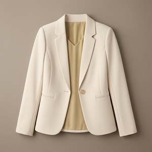 Blazer beige en mélange de laine pour femme, col cranté, bouton unique, manches longues, infroissable, couleur unie, coupe classique, toutes saisons - Product Image 1