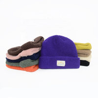 Vente en gros de bonnets en crochet pour femmes, bonnets en gaufre pour hommes, chapeaux d'hiver tricotés personnalisés, bordure côtelée avec étiquette tissée, logo brodé