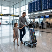 Chariot intelligent USMT AI avec double écran LCD, écran tactile pour texte/animation/graphiques, prise en charge SDK OEM, à poser au sol pour passagers en intérieur