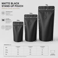 Sachet de café noir mat imprimé sur mesure, anti-odeur, avec valve de dégazage unidirectionnelle, pochette autoportante 250g 500g 1kg, fermeture éclair pour préservation de l'arôme