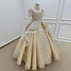 Robe de demoiselle d'honneur Wn1798 Champagne, style princesse, ornée de perles, longueur ras du sol, col montant, 100% Polyester, pour mariage d'enfants avec traîne - Product Image 4