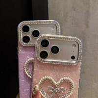 Funda de Teléfono Móvil con Diseño de Corazón y Lazo de Diamantes, en Mármol Cristalino IMD, para iPhone 11 12 13 14 15 16 17 Pro Max, para Chicas