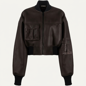 OEM Custom Women's <b>Black</b> Solid Bomber Leather <b>Jacket</b> High Quality Mandarin Collar Stylish Winter Breathable Silk Knitted Fabric - Product Image 1