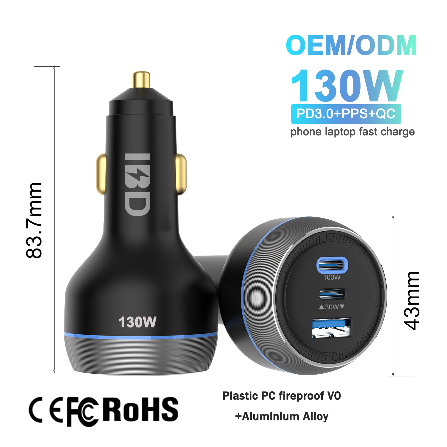 Black Metal 130W Fast car charger