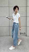 Pantalon en jean court taille haute élastique pour femme grande taille, coupe droite, jambe large, écologique et inaltérable – Vente en gros